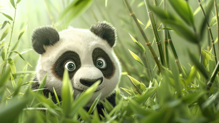 Catch the adorable moment as a curious panda pops out from behind bamboo, leaving space for your message.の素材