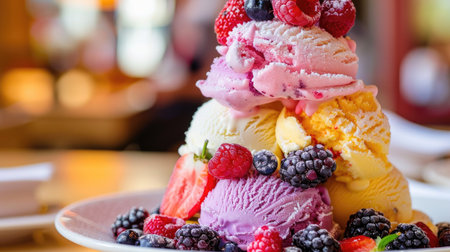 Enjoy a mouthwatering stack of multicolored ice cream scoops topped with ripe, plump berries, a delicious sight to behold.の素材