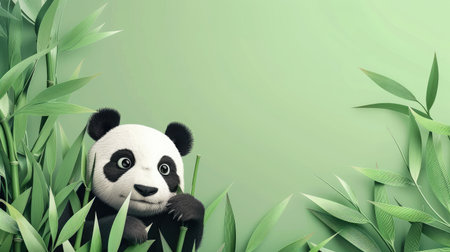 Peek behind the scenes with a curious panda and bamboo, leaving a playful space for your text.の素材