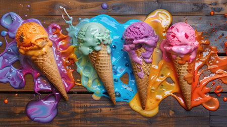 Savour the delicious messiness of colorful ice cream cones melting onto a warm wooden surfaceの素材