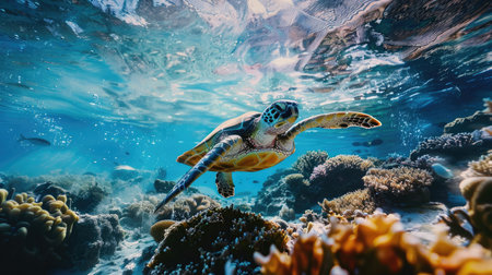 A graceful sea turtle glides through a mesmerizing underwater scene, showcasing the ocean's vibrant beautyの素材