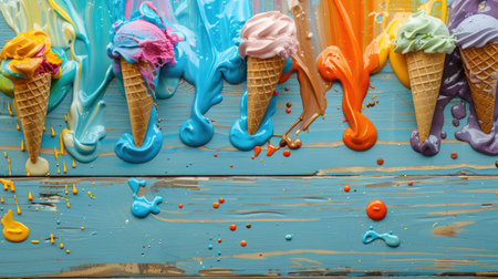 Savour the delicious messiness of colorful ice cream cones melting onto a warm wooden surfaceの素材