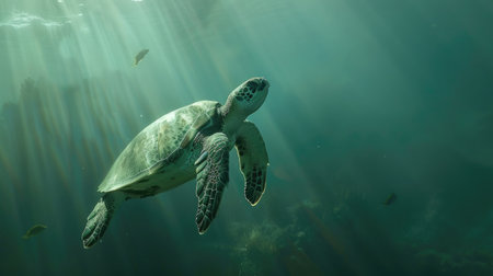 A majestic sea turtle glides gracefully against a stunning underwater backdrop, showcasing the beauty of marine lifeの素材