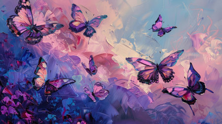 Captivate your senses with pink and purple butterflies set against a luminous sky in this vibrant paintingの素材