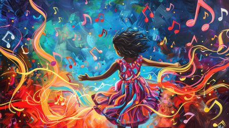 Celebrate the rhythm and melody with a vibrant painting of a young girl dancing amidst swirling musical notes at a festival.の素材