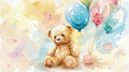 Delightful baby teddy bears and balloons in watercolor bring a touch of charm to your creative projects.の素材