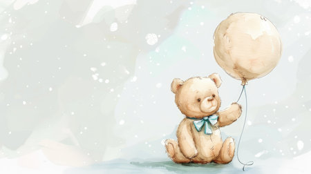 Adorable watercolor teddy bear cuddles a balloon in a charming illustration set, perfect for your whimsical designs.の素材