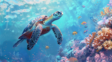 A sea turtle swims peacefully against a picturesque background of colorful coral and tropical fishの素材