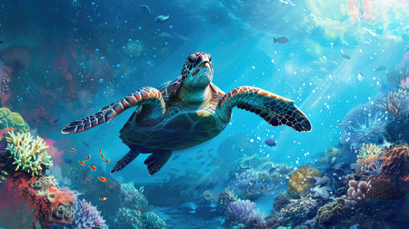 Discover the elegance of a sea turtle swimming against a backdrop of colorful coral and sparkling blue sea.の素材