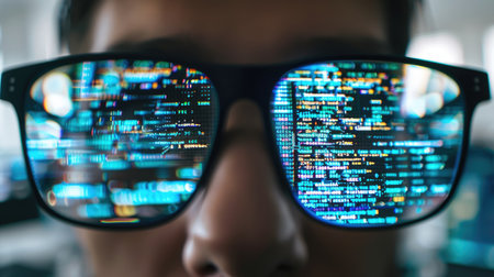 Glasses reflecting a digital screen filled with code, with a programmer's eye showcasing AI aid in the officeの素材
