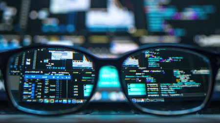 Glasses reflecting a digital screen filled with code, with a programmer's eye showcasing AI aid in the officeの素材