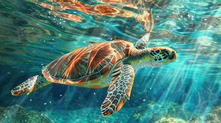 Experience the tranquility of a sea turtle floating gracefully through a crystal-clear ocean sceneの素材