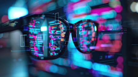 Glasses reflecting a digital screen filled with code, with a programmer's eye showcasing AI aid in the officeの素材