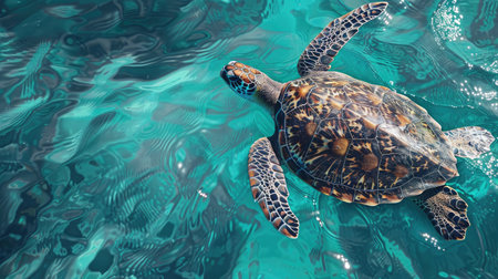 Experience the tranquility of a sea turtle floating gracefully through a crystal-clear ocean sceneの素材