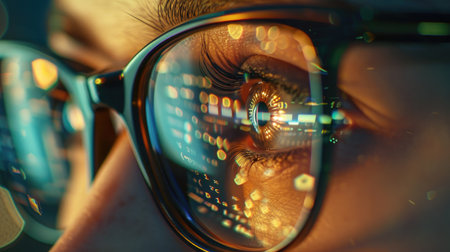 The eye of a programmer wearing glasses reflects intricate lines of code, depicting AI assistance at work.の素材