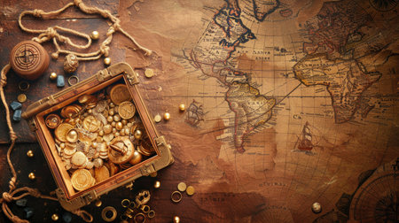 Pirate treasure chest on an old map background, filled with gold and gems, with space for text in the top corner.の素材