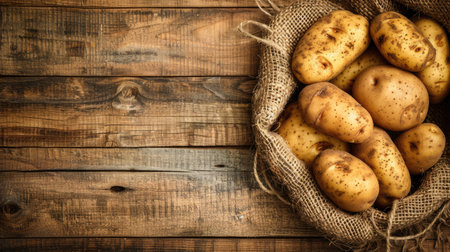 Close-up of raw potatoes nestled in a vintage burlap sack against a textured wooden backdrop, offering a charming setting for your custom messageの素材
