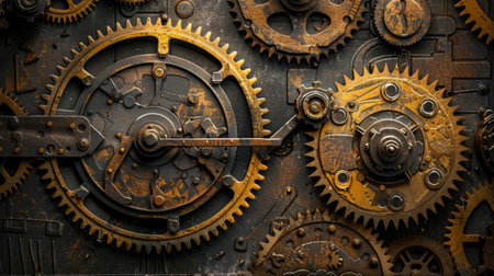 Vintage steampunk background with aged brass cogs and gears, showcasing intricate mechanical detailsの素材