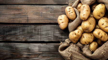 Freshly harvested potatoes displayed in a traditional burlap sack on a rustic wooden background, creating a picturesque scene for communicating your message.の素材