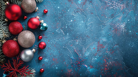 Flat lay of a holiday-themed background with ornaments and space for textの素材