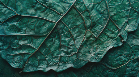 Close-up of a leaf's surface, highlighting the rich green texture and intricate vein structure, ideal for a nature-inspired backgroundの素材