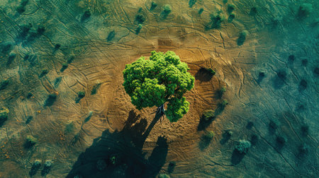 A powerful image of a tree growing in the center of a patchy, dry field, contrasting sharply with the vibrant green surroundings.の素材