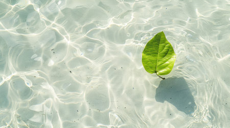 Serene top view of clear white water with a solitary green leaf, sunlight reflections enhancing the beauty of this minimalist backdropの素材