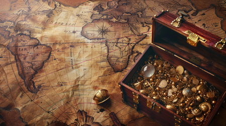 Pirate treasure chest on an old map background, filled with gold and gems, with space for text in the top corner.の素材