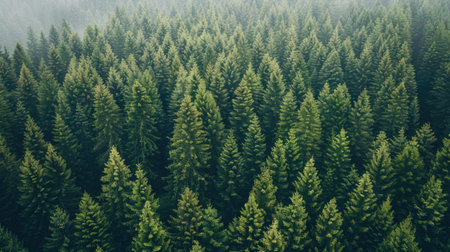 Aerial view of dense pine forest stretching to the horizon, providing ample space for text overlay.の素材