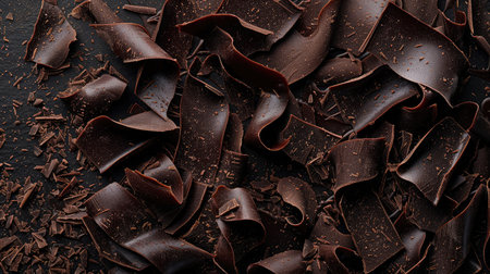 Dark chocolate shavings on a dark background, illustrating the richness and depth of flavor.の素材