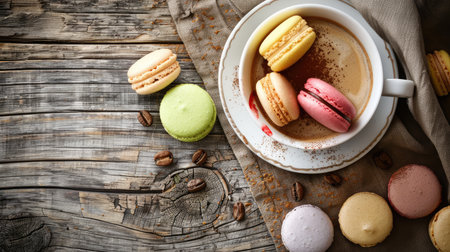 A selection of macarons on a rustic wooden table, accompanied by a cup of coffee, creating a cozy and inviting sceneの素材