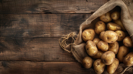 Farm-fresh potatoes spilling out of a weathered sack onto a rustic wooden surface, providing ample space for conveying your message.の素材