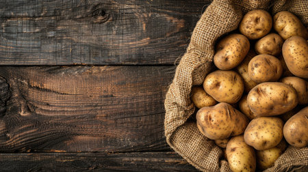 Vibrant image of raw potatoes piled in an aged sack on a wooden surface, offering an authentic backdrop for your custom text or promotional content.の素材
