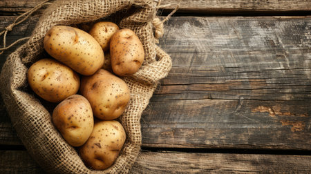 Fresh farm potatoes showcased in an old sack on a weathered wooden surface, leaving plenty of room to feature your custom message or promotional text.の素材