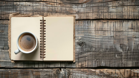 Blank notebook with a cup of coffee on a wooden tableの素材