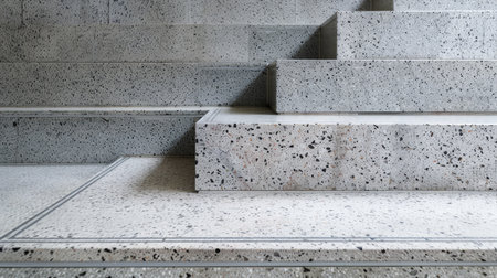 Architectural detail of a gray Terrazzo staircase, featuring a harmonious blend of polished concrete, marble, and granite elements.の素材