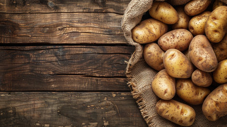 Farm-fresh potatoes spilling out of a weathered sack onto a rustic wooden surface, providing ample space for conveying your message.の素材