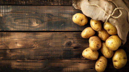 Wholesome potatoes spilling out of a worn sack onto a textured wooden background, with free space available for adding your personalized message.の素材