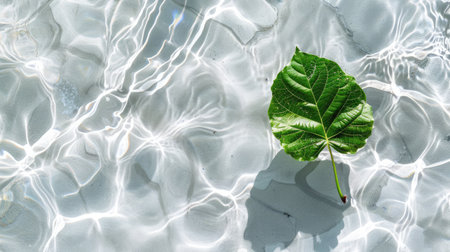 Serene top view of clear white water with a solitary green leaf, sunlight reflections enhancing the beauty of this minimalist backdropの素材