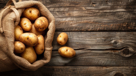 Fresh farm potatoes showcased in an old sack on a weathered wooden surface, leaving plenty of room to feature your custom message or promotional text.の素材