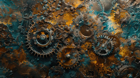 Steampunk themed composition highlighting aged metallic gears with a patina finish, creating a retro-futuristic atmosphereの素材