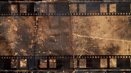 Retro filmstrip with aged and weathered edges, reminiscent of classic cinema and bygone erasの素材