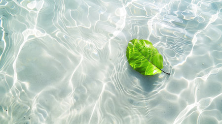 Clean white water with one green leaf, captured from above, showcasing natural beauty and sunlight reflections for a refreshing backdropの素材