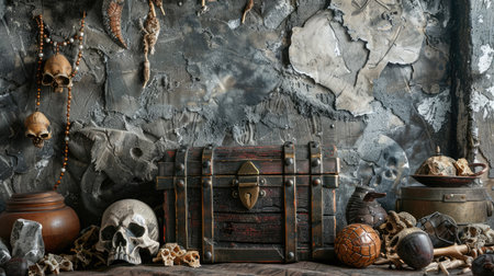Treasure chest surrounded by ancient artifacts, set against a stone wall background with room for text on the left.の素材