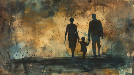 Togetherness: Abstract watercolor illustration of a family silhouette walking away, capturing the essence of love and togethernessの素材