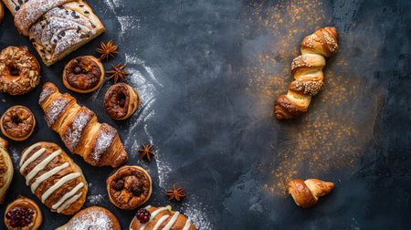 Freshly baked pastries with space for textの素材