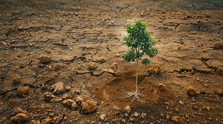 A lone young tree growing in parched soil with animal bones scattered, emphasizing nature's perseverance.の素材