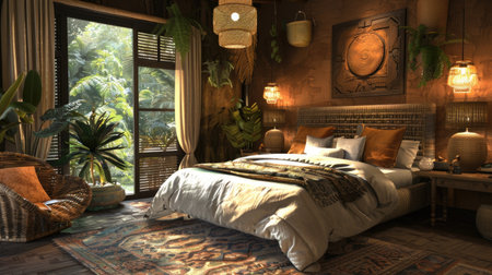 Cozy bedroom retreat in earthy tones, inviting you to unwind and escape into a realm of tranquility.の素材