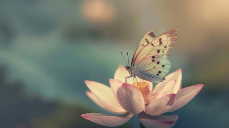 A butterfly delicately balanced on a flower, illustrating the serene beauty of natureの素材