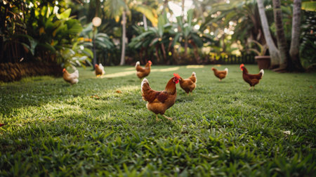 Chickens roaming freely in a lush green pasture, showcasing natural and sustainable farming practices.の素材